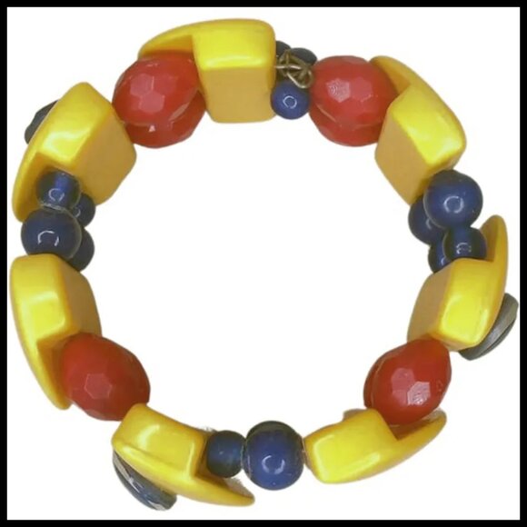 Retro Summer Bracelet Red Blue Yellow Wide Bangle - One of a Kind With Vintage - Picture 6 of 10